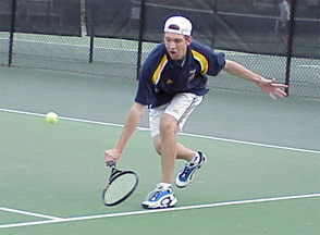 Captain James Elsworth '01 in serve-and-volley mode in doubles.